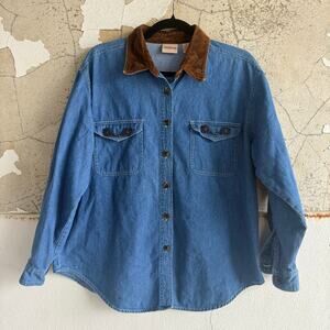 Vtg 90s Denim Shirt Corduroy Collar Western Button Up Cotton Hong Kong Womens L